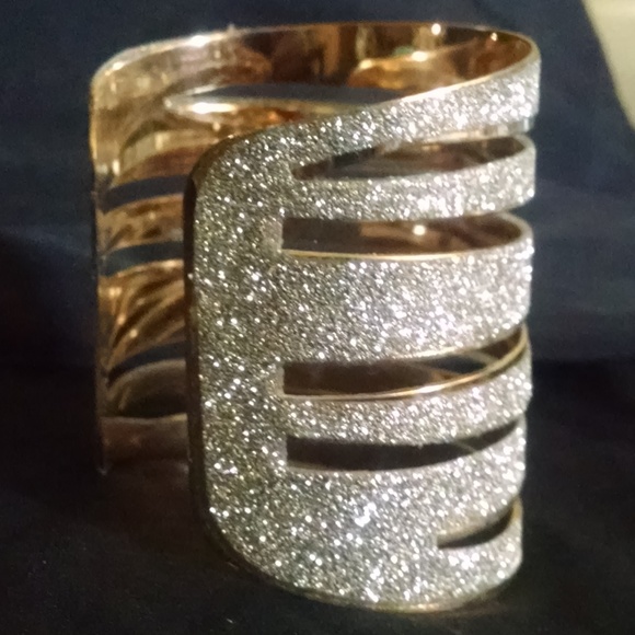 Rhodium Bling Silver Sparkle Wide Cuff Bracelet